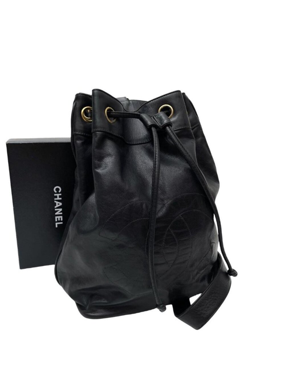Chanel Lambskin CC Logo Drawstring Shoulder Bag Black